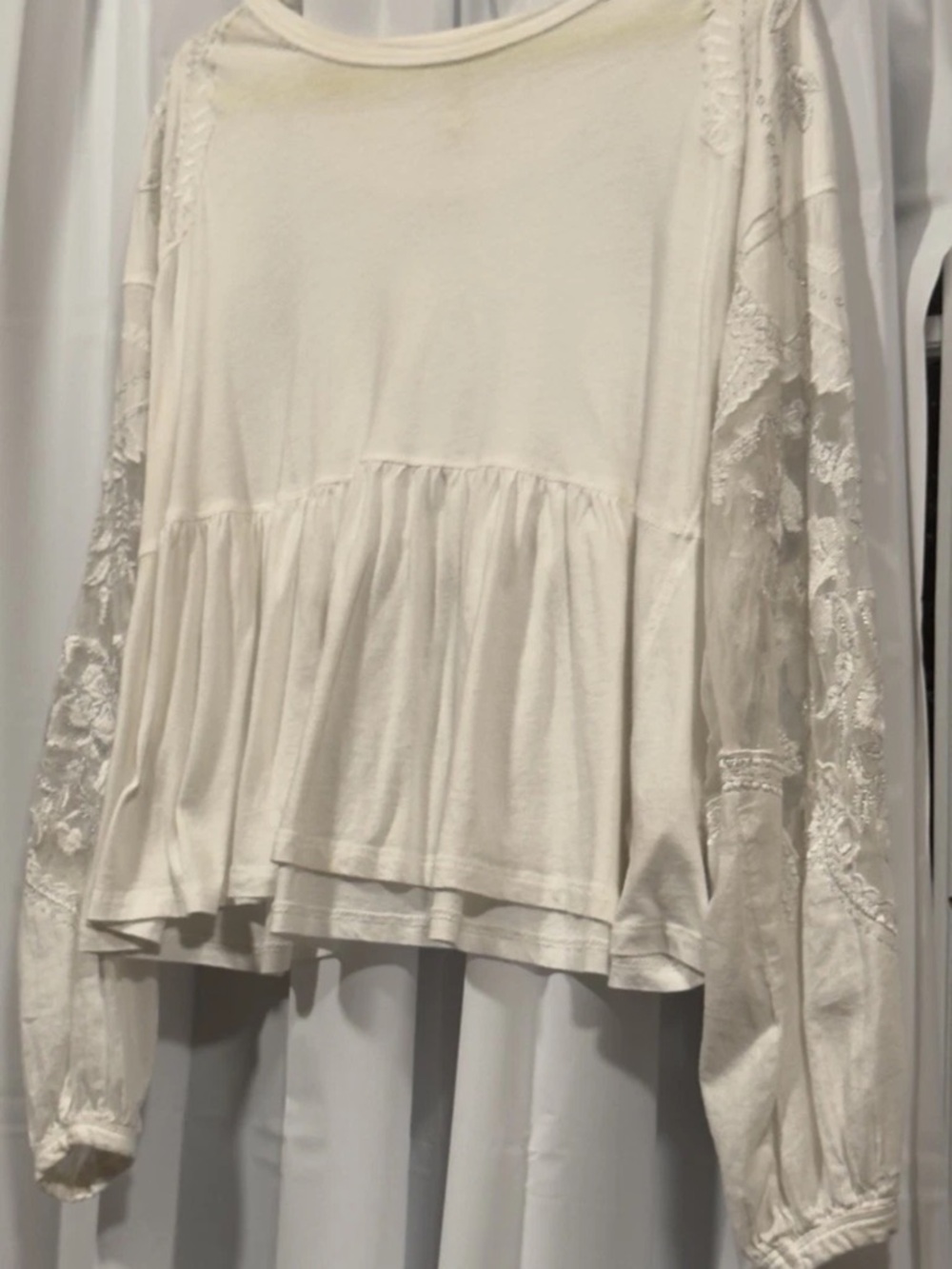 Free People Women's XS Ivory Lace Embroidered Balloon Sleeve Peasant Blouse